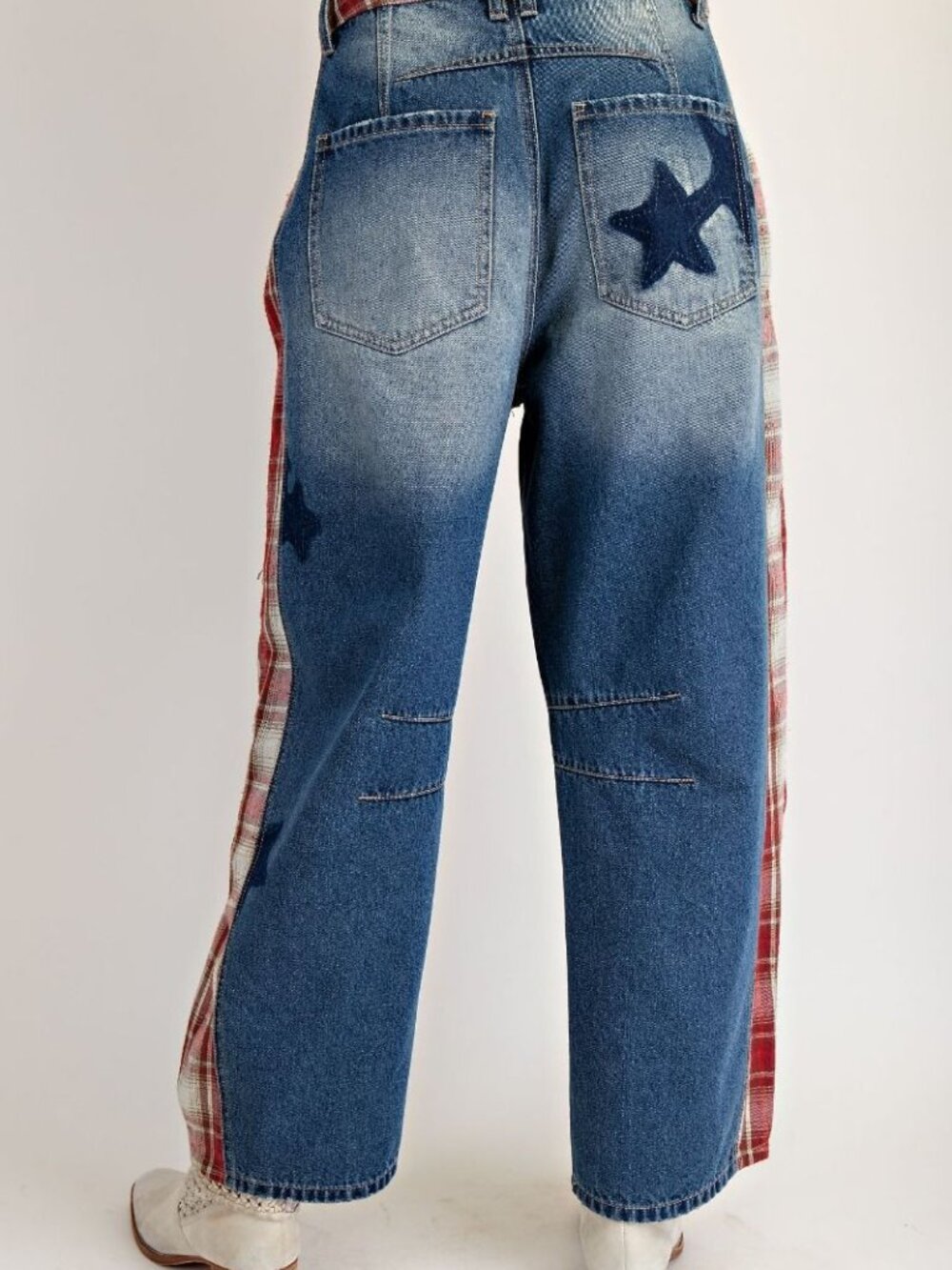 EASEL PLAID MIX STAR PRINT WASHED BARREL DENIM PANTS 70% COTTON 30% POLYESTER - Picture 4 of 4